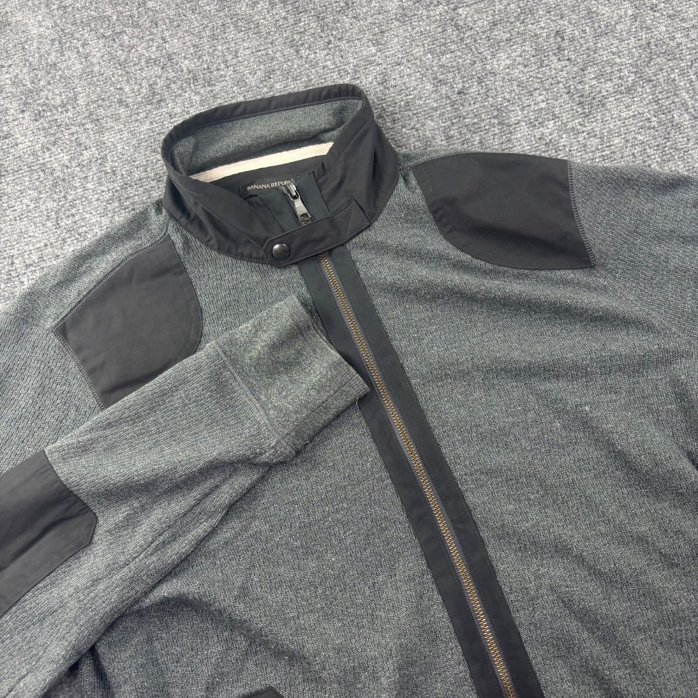 Banana Republic Full Zip Sweater‎ Large Gray Mixed Media Elbow Patch Mens